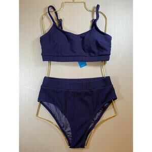 NWT Cupshe Navy Blue Textured High Waisted Bikini Size Medium